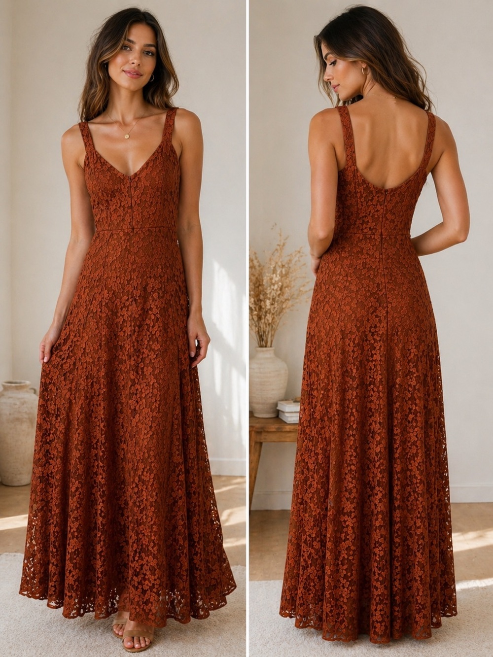 Joyfolie Rust Lace Slip Dress | Boho Maxi Floral Fit & Flare Size S